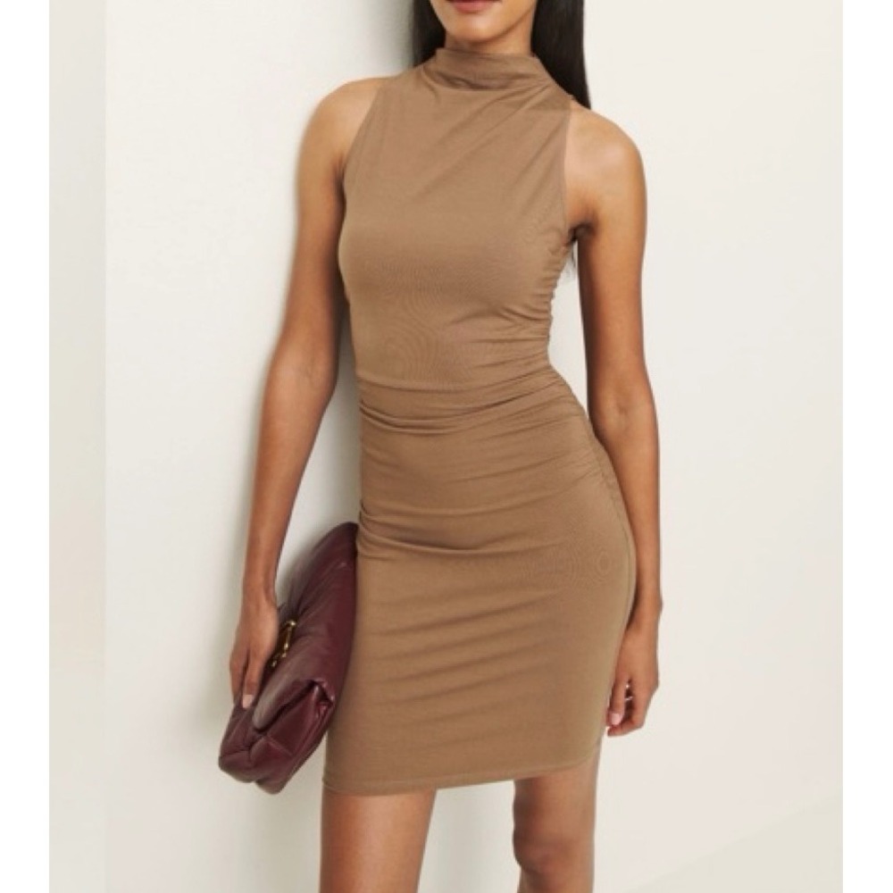 Reformation Jana Knit Dress Nutty Brown Ruched Mock Neck Mini Dress XL NEW